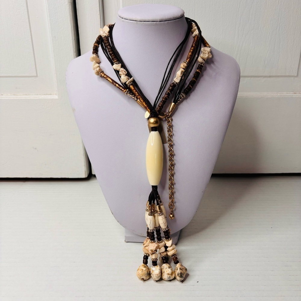 New CHICO’S Beaded Neutral Lina Tassel Multi-Strand Necklace